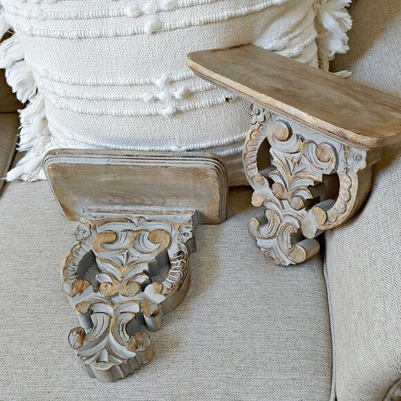NEW! SET 2 EXQUISITE Carved WOOD WALL SHELVES - Picture 1 of 7